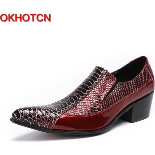 OKHOTCN New arrival red genuine leather man shoes crocodile grain man formal dress business party wedding shoes point toe
