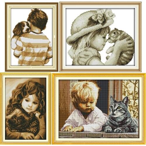 Kid&pet Series Handmade Counted Cross Stitch Kits 11CT14CT Printed Pattern Crafts DMC on Convas Sewing Needlework Embroidery Set