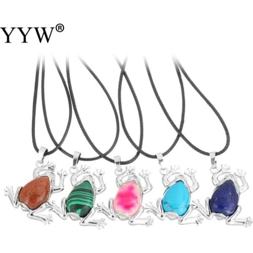 Natural Gem stone Necklace with PU Leather & Brass with 2lnch extender chain Frog plated Necklace Pendant