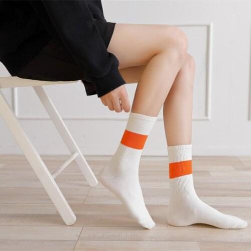 Spring Autumn Cotton Simple Striped Milk White Contrast Colorful Youth Woman Man Couple Fashion High Quality Middle Tube Socks