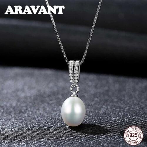 925 Sterling Silver Necklaces Pave Zircon 6MM Feshwater Pearl Pendant Natural Pearls Jewelry For Women