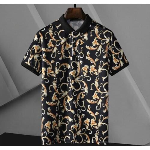Summer New Mens Fashion Trend Polo Shirt Print Casual Black Gold Print Lapel Short Sleeve Polo Shirt Polo Shirt Mens Clothing