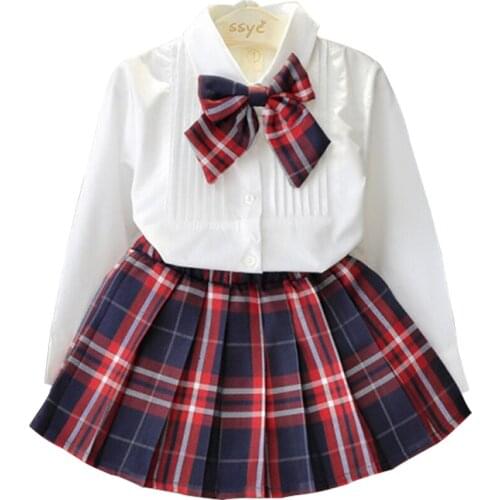 2019 Girls Long Sleeve Shirt + Plaid Skirt Spring and Summer College Style Casual Set Childrens Costumes Bow Top Kids Clothing