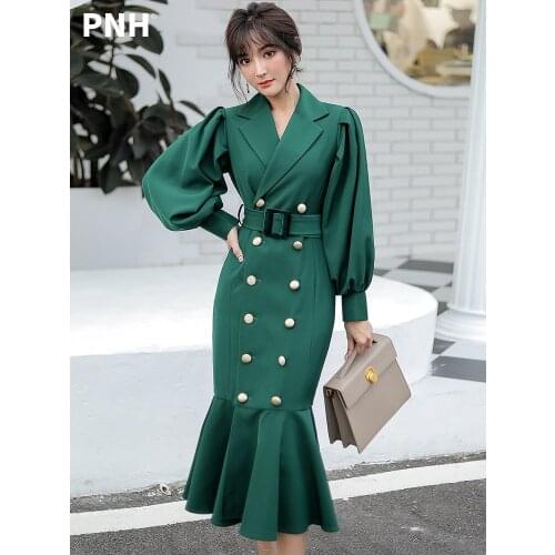 Green Windbreaker Womens Mid Long Korean 2021 New Autumn Waist Lady Temperament Fishtail Evening Dress
