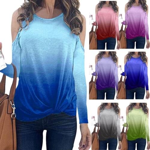 2021 Autumn Womens New Gradient T-shirt Rainbow Plus Size Kink Long Sleeve Crew Neck T-shirt Sexy Loose Socket Top Long Sleeve