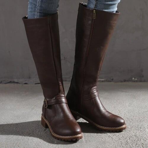 Thigh high Boots brown Women Vintage leather Square Heel Zipper knee height buckle Boot Keep Warm Round Toe Shoes British wed3