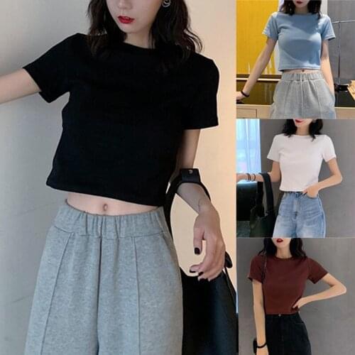 Kili Womens Tops Are Thinner, Short Slim Round Neck Short Sleeves Multicolor Belly Button Short T-Shirt One Size