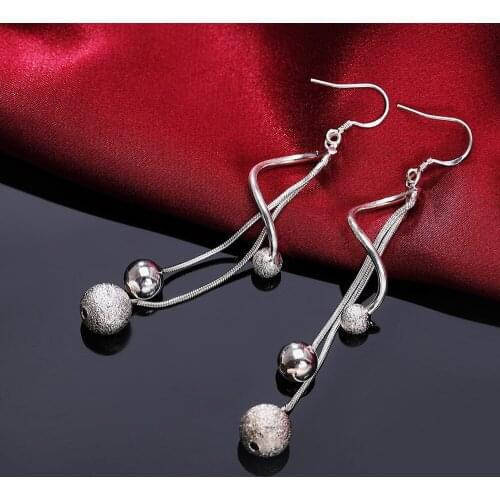 925 Silver Dangle Earrings For Women Twist Sanding Smooth Balls Long Snake Chains Hanging Drop Earring Wedding Jewelry