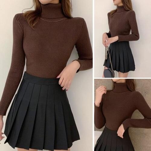 Women Solid Color Knitwear Long Sleeve Turtle Neck Slim Pullover Sweater Blouse