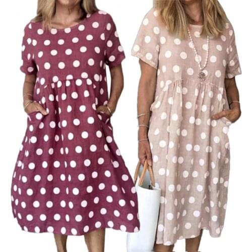 Women Casual O Neck Short Sleeve Polka Dots Print Pockets Large Hem Midi Dress