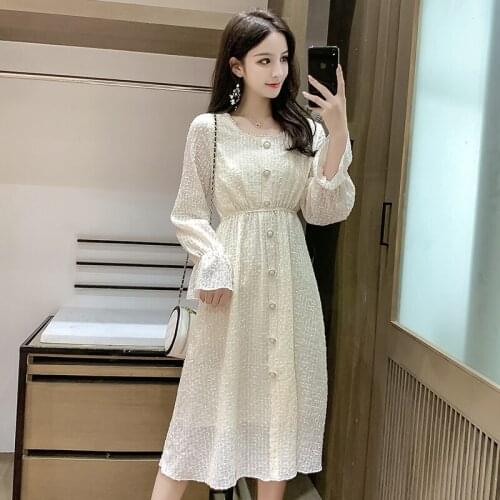 2021 Spring New Fashion Hepburn Base Dress Women Retro Square Collar High Wist Mid-length White Long-sleeved Dresses Female