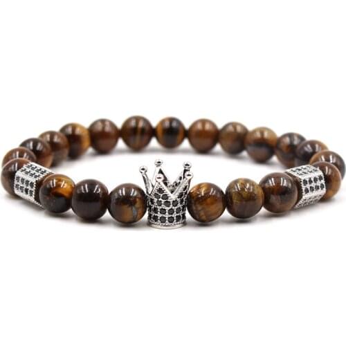 4 Colors 10MM Zircon Crown Charms Tigers Eye Stone Beads Bracelet Yoga Pulseira Feminina Buddha Jewelry