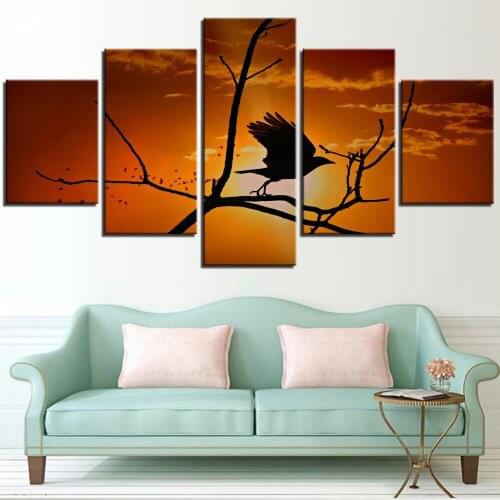 5 pósteres de lienzo con diseño de aves, pinturas con arte de cuervo, imágenes de animales, fondos de pantalla con diseño de árb