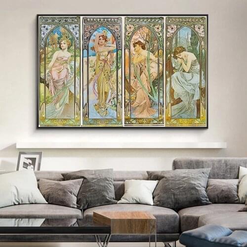 Alphonse Mucha Times of Day Vintage Canvas Painting Art Nouveau Woman Posters and Prints Wall Picture for Living Room Home Decor