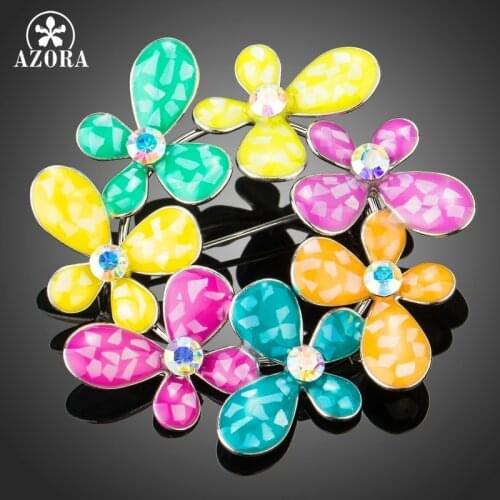 AZORA White Gold Color 7pcs Colorful Oil Painting Clover Flower Lovely Scarf Clip Pins Brooches TP0042