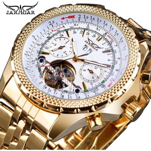 Jaragar Golden Stainless Steel Tourbillion Design Calendar Display Mens Watches Top Brand Luxury Automatic Mechanical Wristwatch