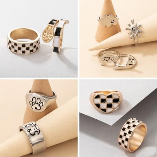 Docona INS Style Enamel Heart Letter Couple Rings for Women Men Cute Puppy Footprint Snails Alloy Metal Ring Set Wedding Jewelry