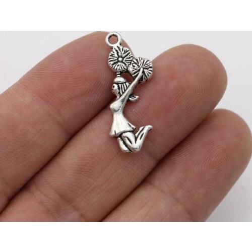 JAKONGO Antique Silver Plated Cheerleading Girl Charm Pendants for Bracelet Jewelry Accessories Making DIY 28x10mm 10pcs