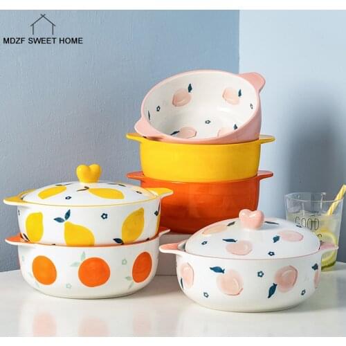 1.2/1.5L Ceramic Instant Noodle Bowl With Lid Kitchen Soup Cereal Bowl Heat-resistant Underglaze Oven Baking Bowls