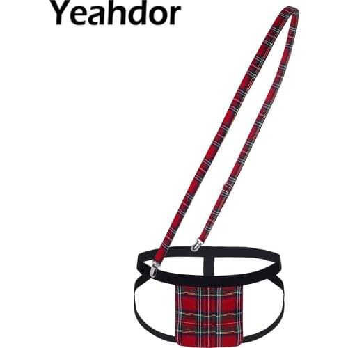 Newest Mens Lingerie Set Open Butt Bulge Pouch Plaid Loincloth Flap Jockstrap Bikini G-string Underwear with Suspender Belt