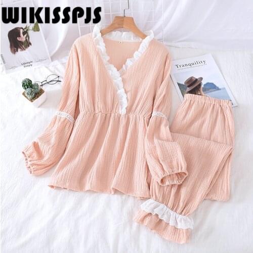 Solid Crepe Lace Collar Pajamas Womens Breathable Comfortable Home Wear Trousers Pajama Set Women Pajamas for Teen Girls