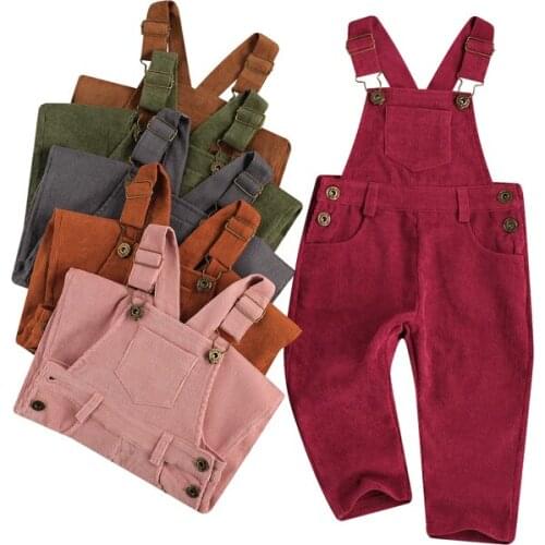 1-5Y Autumn Kids Girls Corduroy Overalls Pants Solid Button Pocket Straight Trousers
