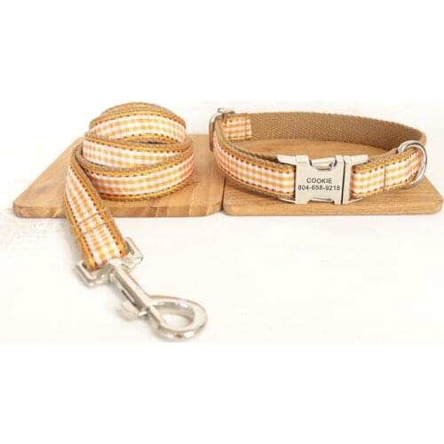 Personalized Pet Collar Customized Nameplate ID Tag Adjustable Brown Scottish Plaid Cat Dog Collars Lead Leash Set
