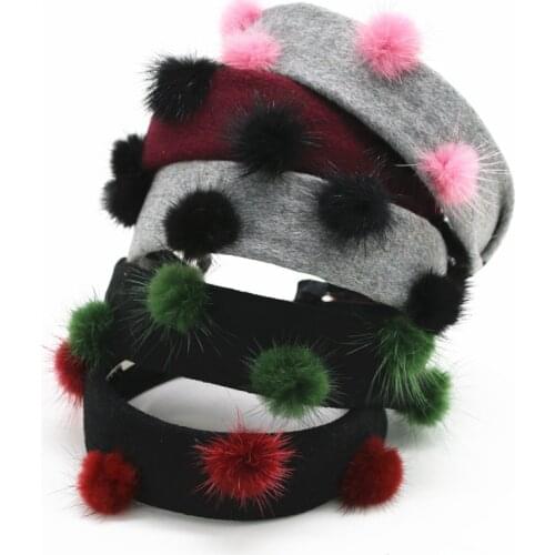 NEW WINTER STYLE wool fabric flat design with fur pompom fashion girls headbands hair accessories