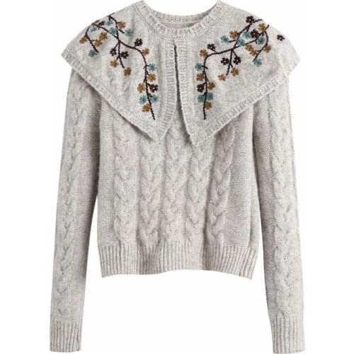 Women O Neck Flower Embroidery Shawl Knitting Short Sweater Female Long Sleeve Pullover Casual Lady Loose Tops