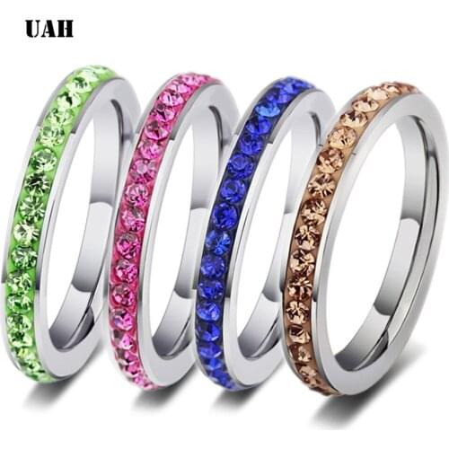 UAH Women Fashion Ring Anillo Mujer Green Blue Pink Crystal Stainless Steel Rings Jewelry