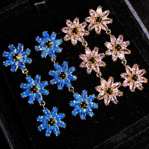 QTT New Fashion Ladies Gold Color Big Flower Drop Cubic Zirconia Earrings Ladies Jewelry Temperament Accessories