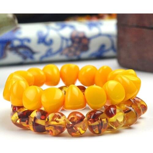 Natural Baltic Amber Elastic Bracelet Women Fine Jewelry Flower Amber Beads Beaded Bracelets Yellow Beeswax Handmade Bangles