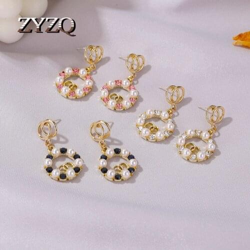 ZYZQ Female Baroque Pearl Earrings Luxury Shining Gold Color Round Rhinestone Dangle Earring for Women Wedding Party