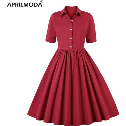 Turn Down Collar Retro Vintage Rockabilly Dress 50s Solid Color Red Black Green Christmas Plus Size Women Swing Jurk For Party
