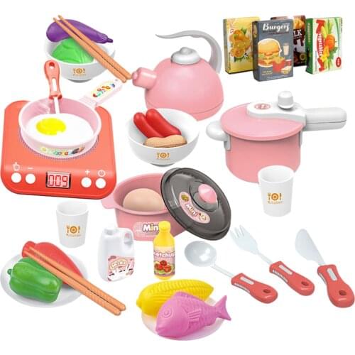 29PCS Kids Kitchen Pretend Toy Kitchen Food Cookware Role Play Toy Household Appliances Toaster Tableware Kids Gifts
