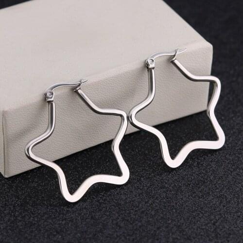 8Seasons Fashion hollow five-pointed star flattened big ear ring stainless steel geometric stars simple women earrings ,1Pair