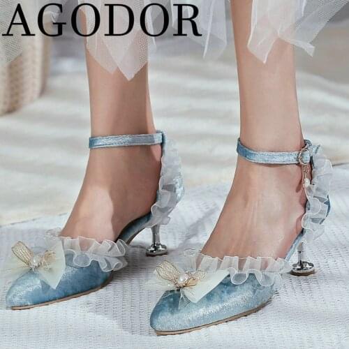 AGODOR 2021 Fashion Women Pointed Toe Pumps Thin High Heel D orsay Pumps Lace Wedding Pumps Shoes Ankle Strap Ladies Pumps