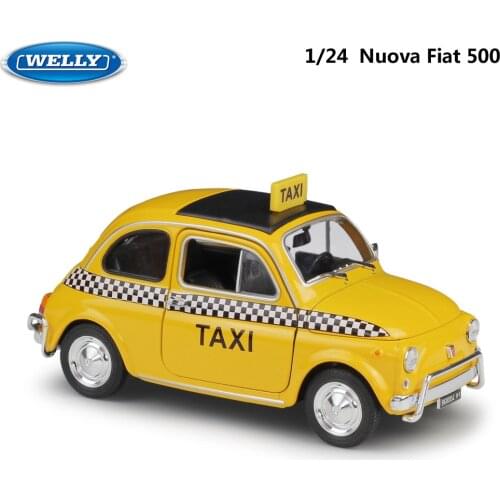 High Simulator WELLY Model Car 1:24 Diecast Car Toys Nuova Fiat 500 Taxi Classic Alloy Metal Toy Car For Kids Gift Collection