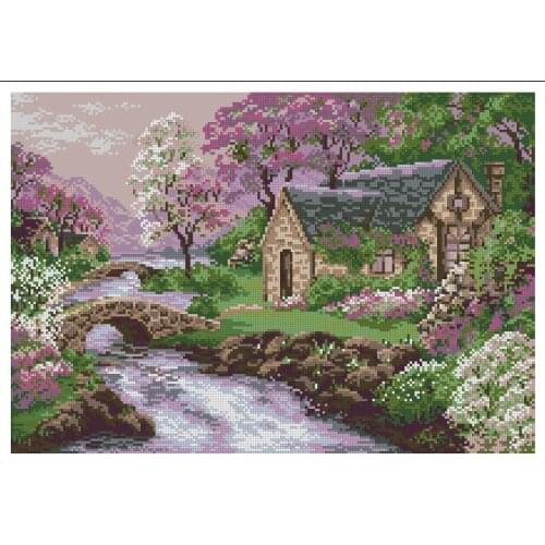 Purple Small River Village Scenery Top Quality Embroidery Needlework 14CT Unprinted Cross Stitch Kits DIY Handmade Home Decor