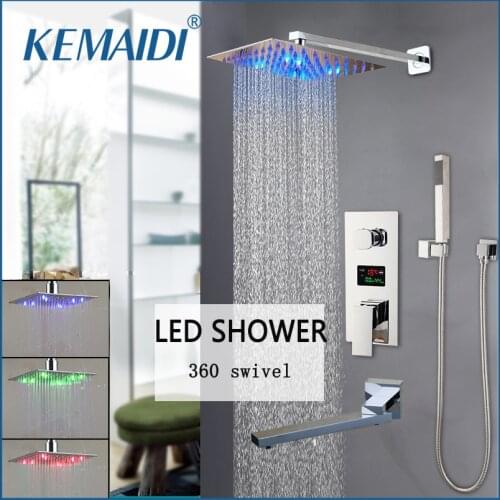 KEMAIDI Chrome LED Digital Display Shower Faucet Set Rainfall Folding Bathtub Shower System LCD Digital Shower Mixer Tap