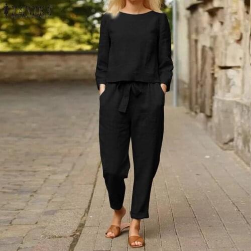 ZANZEA Women Long Sleeve Sets 2PC Autumn Suits Solid Casual Long Cotton Pants O Neck Blouse Loose Harem Trousers Oversize 2021