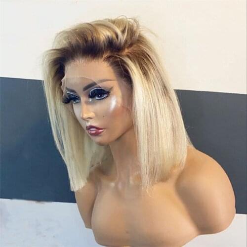 Short Cut Bob Wig Pre Plucked Ombre Blonde 4T 613 Lace Front Synthetic Hair Wigs For Women Daily Glueless Heat Resistant Fiber