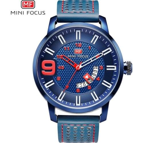 MINIFOCUS Brand Mens WristWatches Luxury Design Quartz Watch Men Waterproof Fashion Male Clock Leather Strap Wristwatch Blue