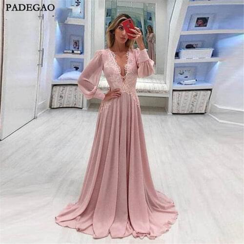 New Cheap Pink Evening Dresses A-Line Appliques Full Sleeves Long Party Dress V Neck Chiffon Floor Length Bow Evening Dress