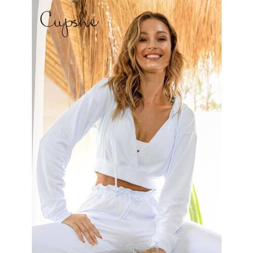 CUPSHE Solid White Wrap Long Sleeve Crop Hoodie For Woman Casual V-neck Pullovers Sweatshirts Top 2021 Spring Autumn Hoodies