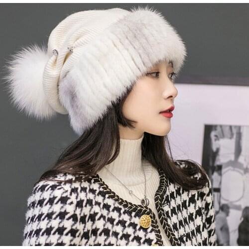 Autumn and winter warm real mink fur hat fox fur ball womens high top hat elastic hat circumference double layer woolen hat