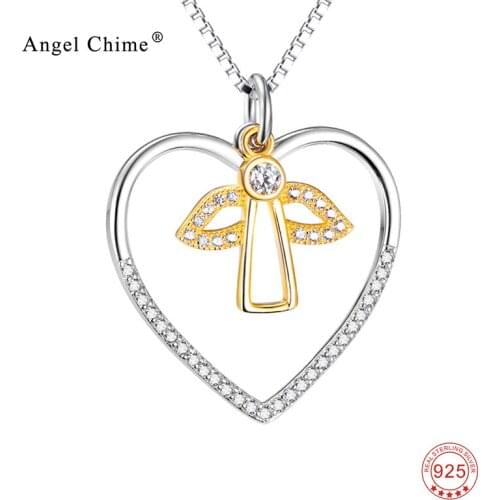 925 Sterling Silver Necklace Pendant Gold Angel Wings Embedded Pendant Love Heart Hollow Necklace Jewelry Gift For Women Jewelry