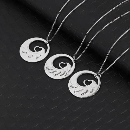 Personalized High Quality Stainless Steel Necklace Engraved Custom Name Silver 3/4/5 Circles Names Heart Pendant Jewelry Present