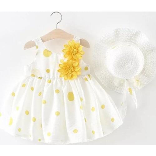 Baby Girl Dress Summer Print Dot Dress Bow Hat 2 Piece Set Childrens Clothes Princess Party Clothing Girl Outdoor Beach Dress