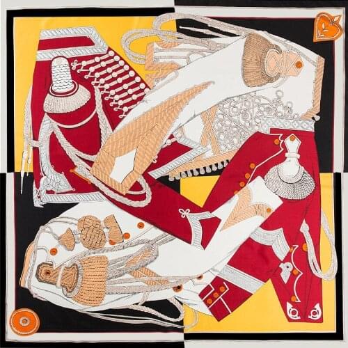 POBING 100% Twill Silk Scarf Women Geometric Print Square Scarves Large Bandana Luxury Kerchief Hijab Scarf Female Head Foulards